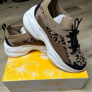 Yellow Box Tan and Black Sneakers with Leopard Print